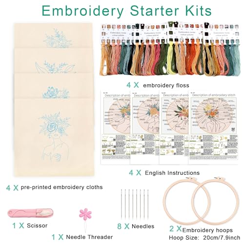 Harimau Adult Beginner Embroidery Starter Kit, Complete Set with 4 Patterns, 2 Hoops, Needles, Scissors, Instruction Guide & Stitching Video Tutorials - color: Human body art patterns