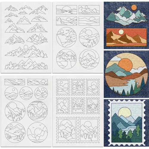 39Pcs Mountain Sun Water Soluble Hand Sewing Stabilizers, 8.3"x11.7" Natural Scenery Embroidery Pattern Stabilizer, 4 Sheets Round Stick and Stitch Embroidery Paper Sticker