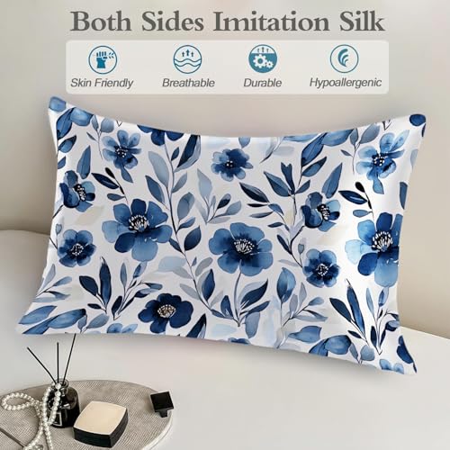 Satin Pillowcase for Hair and Skin Watercolor Blue Flowers and Leaves Super Soft and Cooling Similar to Silk Pillow Case 1 Pack with Hidden Zipper Silky Soft Zippered Satin Pillowcase20 x30 - color: Watercolor Blue Flowers and Leaves