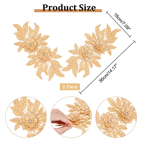 NBEADS 2 Pairs 3D Lace Applique Patches, Goldenrod Sew on Embroidery Lace Flower Patches Floral Motif Beaded Rhinestones Lace Trim Fabric Pearl Appliques for Sewing Wedding Bride Dress Shoes Decor - color: Goldenrod 2 pairs