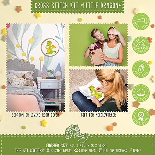 Povitrulya Baby Dragon Counted Cross Stitch Kit – Mandala Embroidery Pattern for Medium Starter - color: Green Dragon