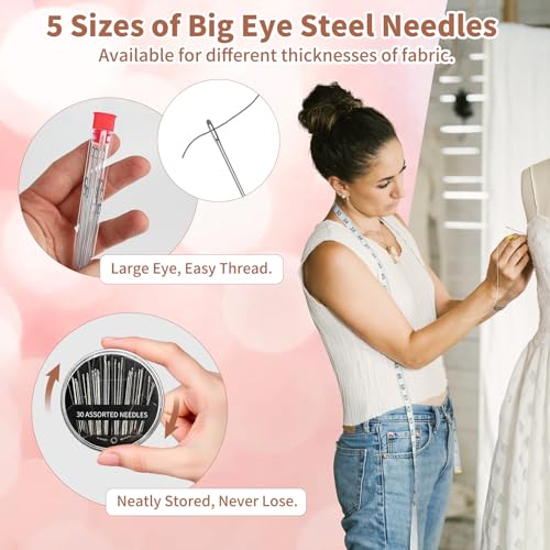 MASHDE 74 PCS Sewing Kit, Big Eye Steel Sewing Needles Kit with Storage Box - color: Pink
