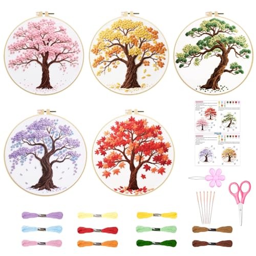 ORIGACH 5 Pcs Seasonal Tree Embroidery Kit for Beginners - style: Seasonal Tree