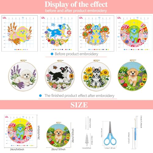 Zhenqing 4 Dog Breeds Cross Stitch Kit for Beginners, 11CT Printed 24x24cm with Hoop, Border Collie Bichon Golden Retriever Husky Designs in Flower Gardens(70860)
