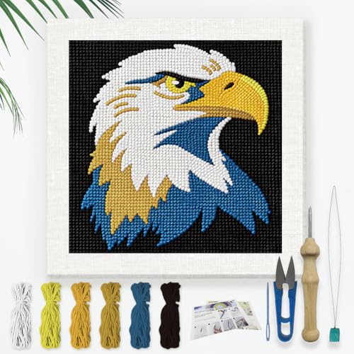 Doodlream Bald Eagle Needle Kit for Beginner, 9.4"x 9.4" Majestic Bird Punch Stitching Craft Set, Color DIY Embroidery Starter with Printed Frame, Instruction, Threader, Yarn, Pinch Needle - color: Eagle