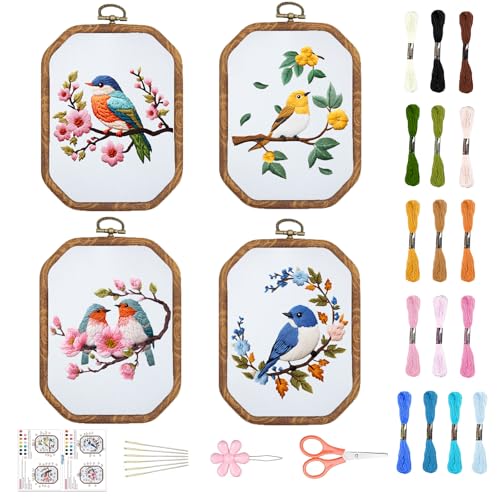 ORIGACH 4 Set Hummingbird & Flower DIY Embroidery Kit for Beginners Adults - style: Hummingbird and Flower