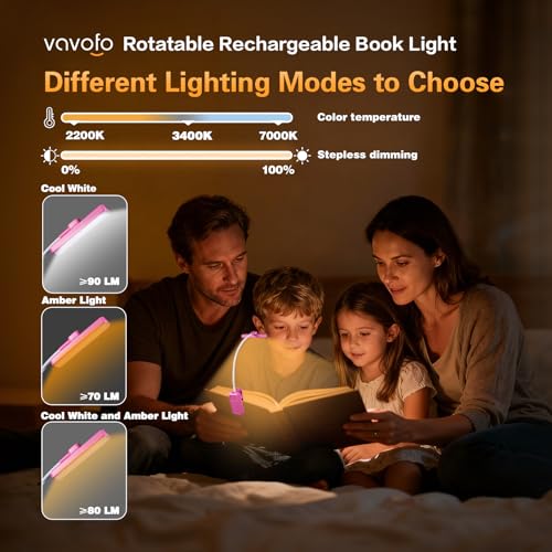 VAVOFO 24 LEDs Rotatable Book Light, Rechargeable Clip Reading Lamp, Rose - color: Rose