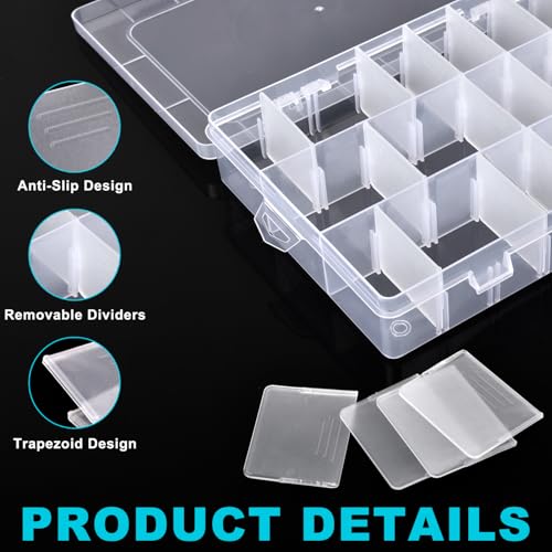 2 Pack 24 Grids Plastic Storage Box Clear Organizing Containers with Adjustable Dividers for Beads, Crafts, Art DIY, Jewelry, Screws, Pins, Thread, Fishing Gear, Small Items