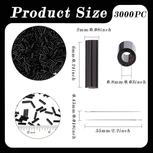 3000PC Black Glass Bugle Beads 6MM Black Tube Beads - color: black