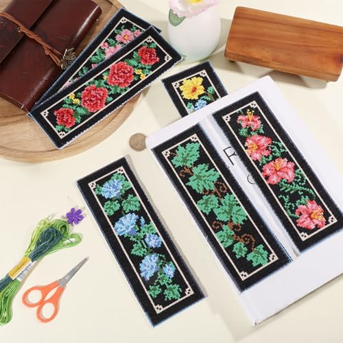 ORIGACH 6 Set Dark Floral & Vine Cross Stitch Bookmark Kit for Beginner - style: Floral and Vine