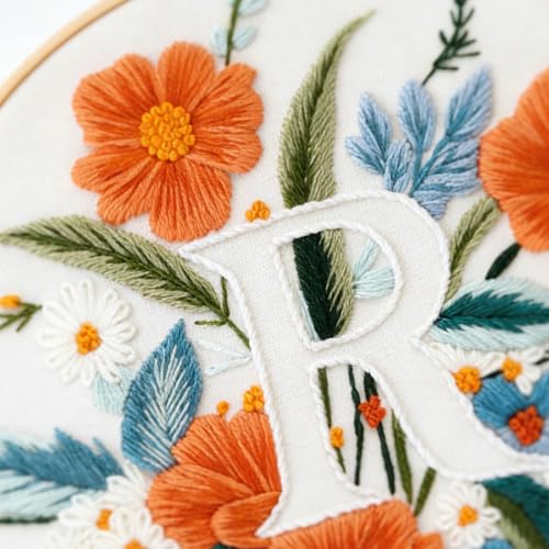Zerzsy 7.87 '' Embroidery Kits Plant Flower Leaf English Letter Patterns for Beginners Adults, Easy to Learn Cross Stitch Kit for Home Office Decor - color: Letter R