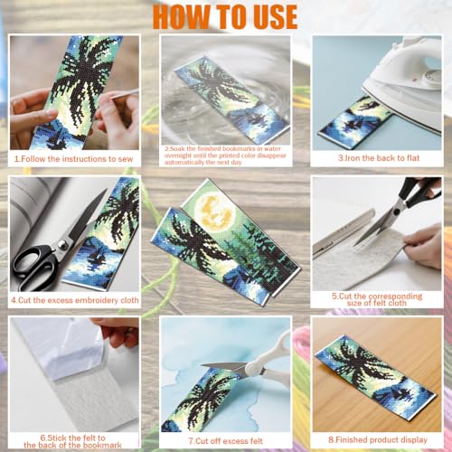 FREEBLOSS 6pcs Cross Stitch Bookmark Kit for Adult Beginners Stamped Night Landscape Cross Stitch Kits Embroidery Bookmarks Craft Kit with Instructions for Gift 11CT 8"x2.4" - style: Scenery