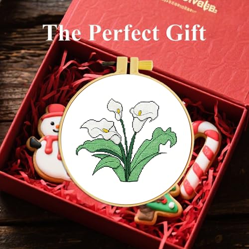 Zhenqing 4 Pack Floral Stamped Cross Stitch Kit, 11CT Printed Primrose Carnation Calla Lily Iris Patterns with 12 cm Hoop, Tools, DIY Botanical Embroidery Set for Adults - color: Floral-4 Piece-2