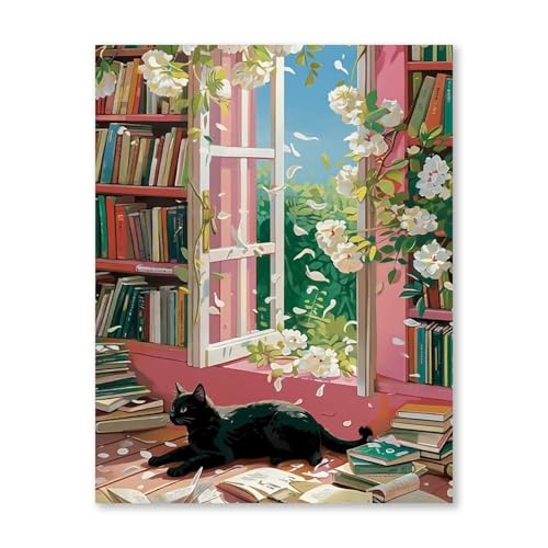 RLTXBUK Cat Cross Stitch Kits, Black Cat Book Stamped Counted Cross Stitch Kits for Adults, Book Lovers Reader Gifts for Women, Pet Lover Gifts, 11.8x15.8 Inch - color: cat-8