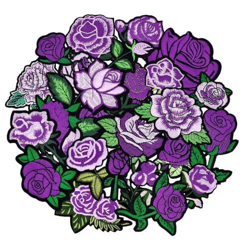 25PCS Purple Rose Iron on Patches, Embroidered Flower Applique Patches - color: purple