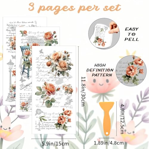 3 Sheet Vintage Rose Rub on Transfer for Furniture and Crafts 11.8 x 5.9 Inches Retro Flowers Rub on Transfer for Wood Glass Porcelain Home Office Craft Decor Butterfly Furniture Decals - style: Style 9- Retro French