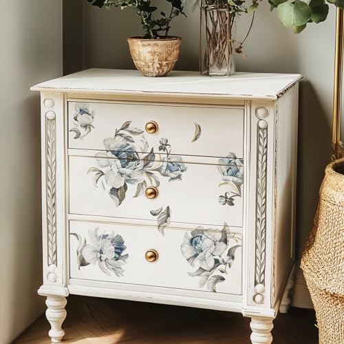 Floral Vintage Rub on Transfer for Furniture Large Flower UV DTF Transfer Sticker for Wood Glass Home Decor, Vintage Blue Penoy - style: Vintage Blue Penoy