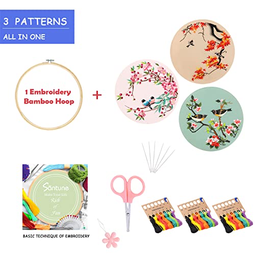 Santune 3 Pack Embroidery Kit for Adults Cross Stitch Kits for Beginners with Bird Patterns,3 Instructions,1 Hoop,Threads and 6 Needles,Hand Needlepoint Sets for Women - color: Cut Bird Series