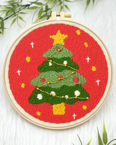 ERKOON Christmas Punch Needle Kit Adults Beginners, 2 Pcs DIY Easy Embroidery Set for Starter Art Craft, Needling Punch Project with Patterns, Tools, Yarns, Hoop, Instruction (ChristmasTree & Snowman) - color: ChristmasTree & Snowman