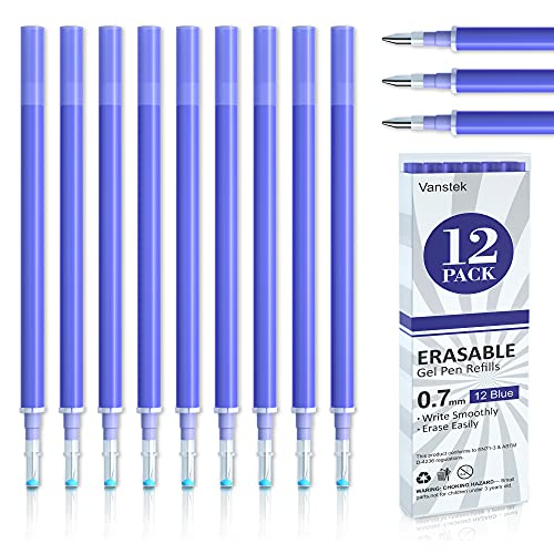 Vanstek 12 Blue Erasable Gel Pen Refills, Gel Ink Refills Compatible with Erasable Pens, Fine Point 0.7 mm, Perfect for Writing Planner & Crossword Puzzles - color: 12 Pack Blue Refills