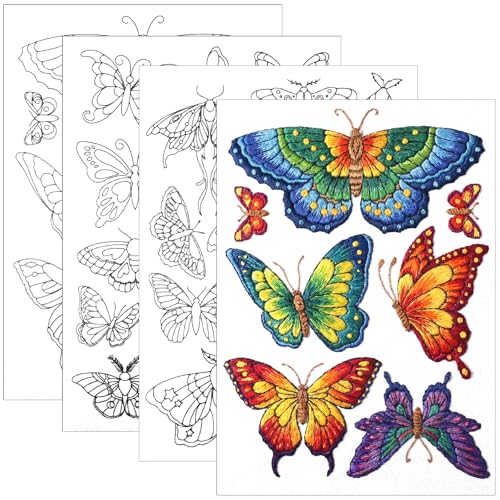 4 Sheets Stick and Stitch Embroidery Paper Patterns, Butterflies Stabilizer Water Soluble Hand Sewing, Embroidery Stencils, Embroidery Pattern for Hand Sewing Lover Beginners, Jean Bag T-Shirt (40Pcs)