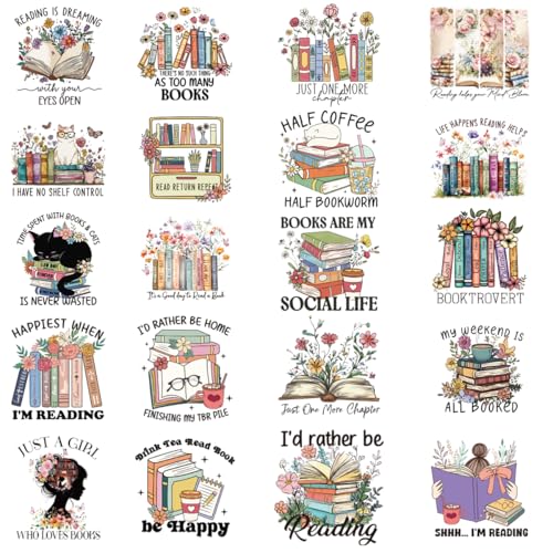 20Pcs Book Lover Dtf Transfers Ready to Press Reading Iron on Decals Patches Bookworm Vintage Flowers Heat Transfer Vinyl Stickers for Clothing Pillows Bag DIY Crafts - color: Book Lover