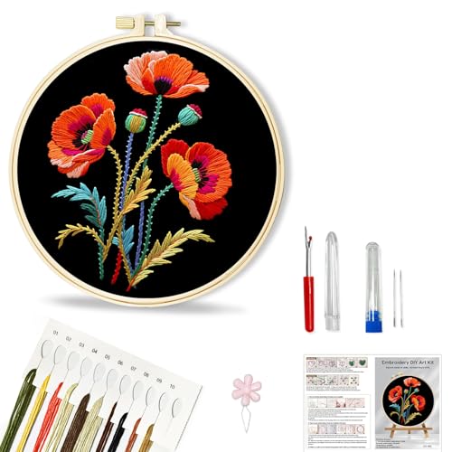 Huacan Embroidery Kit for Beginners, Flower Pre-Stamped Pattern Kits for Adults with Hoop, Easy to Follow Color Thread Needlework