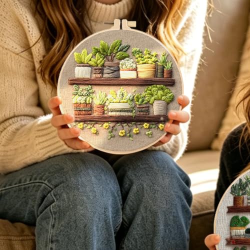 FONNUY Green Plant Embroidery Kit, Petite Potted Plants Patterns, Cross Stitch Kits for Adults and Beginners, Handmade Crafts with Printed Pattern Set, Thread Needlework, 8'' Hoop (Green A01) - color: Green A01