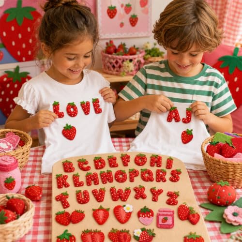 Cinrobiye 38 Pcs Strawberry Patches Self Adhesive Cute Sweet Strawberry A to Z Alphabet Applique Preppy Cute Chenille Letter Patches Stick on for Clothing Hats Bags Fabric DIY Crafts - style: Strawberry