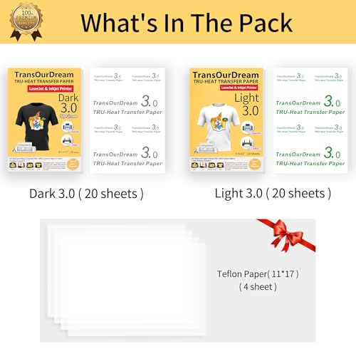 TransOurDream Tru-Heat Transfer Paper for T Shirts (20+20 Sheets, 8.5x11", Mix Pack) Printable Heat Transfer Vinyl for Dark & Light Fabrics Iron on Transfers for Laserjet & Inkjet Printer - color: Mix, size: 40 Sheets