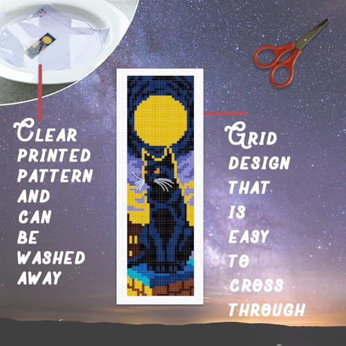 BEUNITONE 6 Pcs Cross Stitch Bookmark Kit for Beginner Black Moon Animals Counted Cross Stitch Kit with Instruction Stamped Embroidery Bookmarks Handmade for DIY Crafts Book Lovers 8.5''x3'' - style: Animal and Night Scene