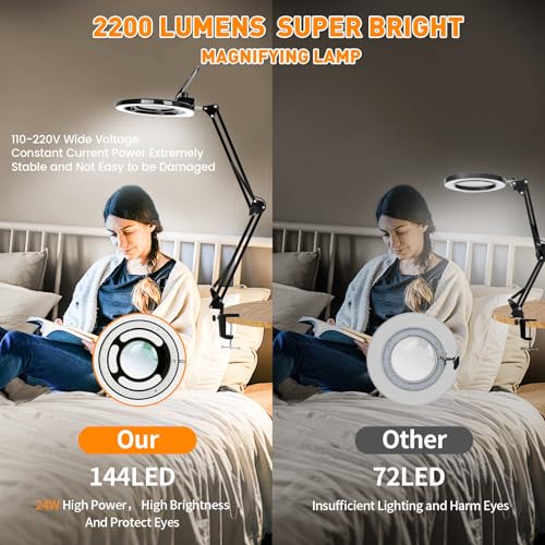 2200 Lumens Magnifying Lamp with Light, 10X Real Glass Lens - color: Black