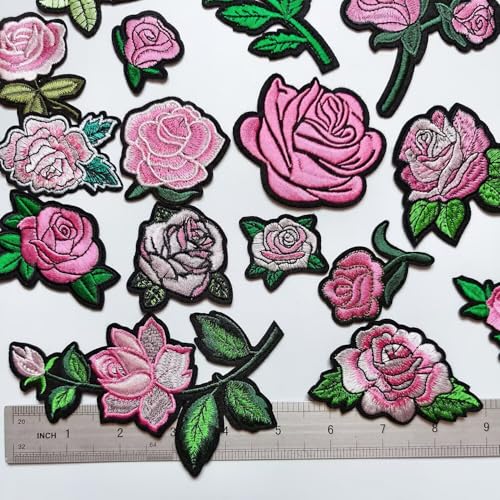 25pcs Rose Iron on Patches, Assorted Sizes Pink Floral Embroidered Patches Applique for Clothes Hats Jeans Jacket - color: Pink Rose