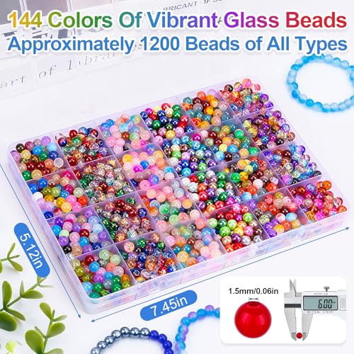 XSEINO About 144 Colors 1200PCS 6mm Glass Beads Bracelet Making Set, Colored Glass Beads in Six Styles for Bracelet, Jewelry and DIY Craft Making - color: Mixed Glass Beads