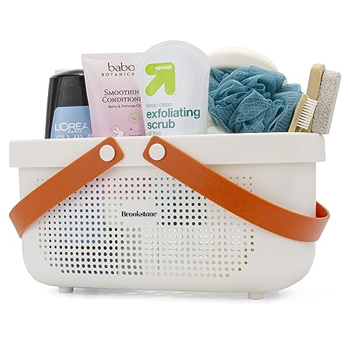 Brookstone Modern Large Portable Shower Caddy with Soft Silicone Carrying Handle, Bathroom Organizer Basket, Plastic Bath Tote and Shower Organizer, Quick Dry Drainage Holes, BPA Free, White - color: White / Cream