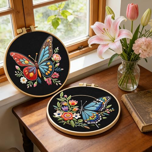ERKOON Embroidery Kit for Beginners, 2 Set Flower Cross Stitch Set Include Embroidery Cloth Hoops Threads for Craft Lover Hand Stitch with Embroidery Skill Techniques (Butterfly) - color: Butterfly