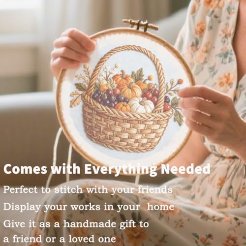 FONNUY Fall Embroidery Kit, Handmade Autumn Wreath Pre-Stamped Pattern for Beginners, Thanksgiving Harvest Home Decor, 8'' Hoop (Basket) - color: Basket