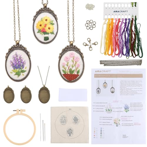 SUNNYCLUE DIY 3 Sets Embroidery Necklace Kits Embroidery Pendant with Paper Instructions Embroidery Cloth Thread Needle Cross Stitch Hoop Flower Mini Cross Stitch Kit for Beginners Starter Adult Craft - style: Flower 3