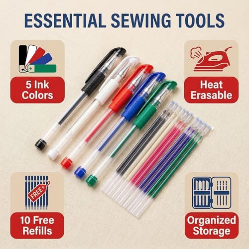 ibotti 5‑Color Heat Erasable Fabric Marking Pens, 10 Free Refills