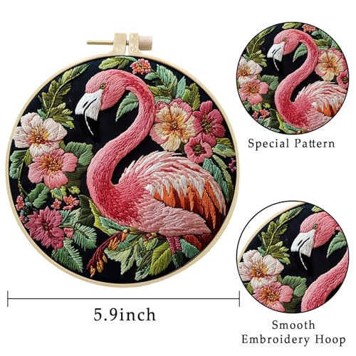 LB 4 Pack Pink Flamingo Embroidery Kit for Beginners Green Leaf Plant Beginner Embroidery Kit for Adults DIY Starter Kit with Embroidery Hoop Colorful Threads Tools Step by Step Instructions - color: Pink and Green