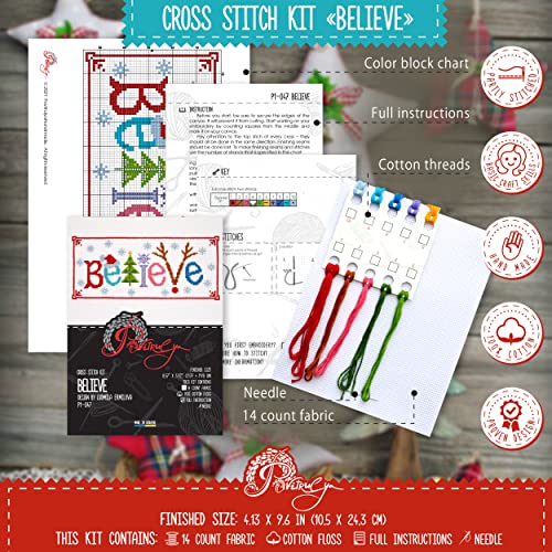 Povitrulya Counted Cross Stitch Kit 'Believe' - Embroidery Set for the Holidays, Encouragement, or Inspiring Everyday Possibilities with a Christmas Tree, Snowflake, Deer and Santa Hat