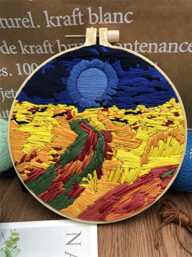 Meecaa Night Sky Embroidery Kit Starter Set, Hand Embroidery Set,Pattern Printed Cross Stitch Set for Beginner Adults, with Embroidery Hoop and Instructions (Night Sky) - color: Night Sky