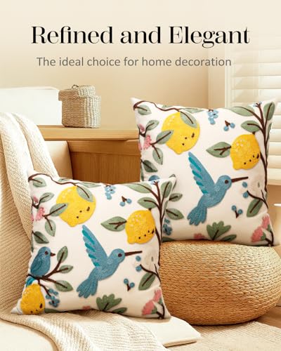 Embroidered Throw Pillow Covers 18x18 Inch, 2Pack, Bird Lemon - color: Bird Lemon, size: 18" x 18" (Pack of 2)
