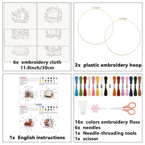 ORIGACH 6 Pack Book & Flower Embroidery Kit for Beginners - style: Book & Flower