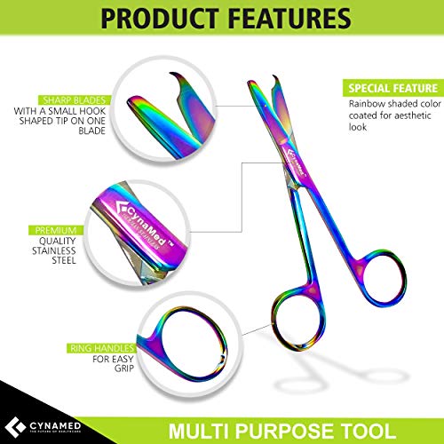 Cynamed Suture Stitch Scissors with Multicolor/Rainbow Titanium Coating - Premium Quality Instrument- Delicate Hook - Perfect for Suture Removal, First Aid, EMS Training and More (4.5 in. - Straight) - style: Straight Hook