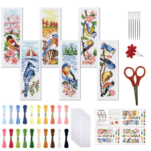 FREEBLOSS 6 Set Cross Stitch Bookmark Kit Stamped Cross Stitch Kit Four Flower and Birds Pattern Embroidery Set with Instruction for Adults 8''*2.4'' - style: Season Birds