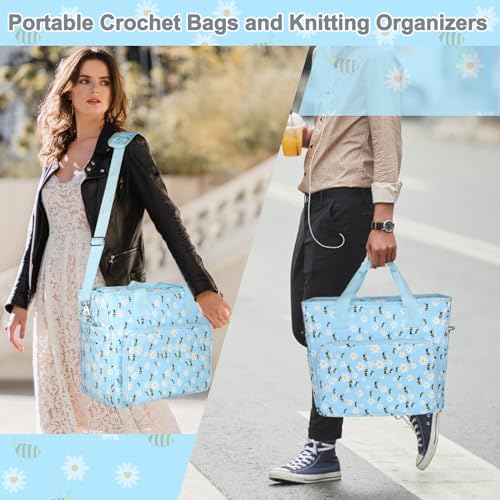 Aeelike Yarn Storage Bag Organizer, Large Crochet Tote Bag, Blue Flower - color: Blue Floral