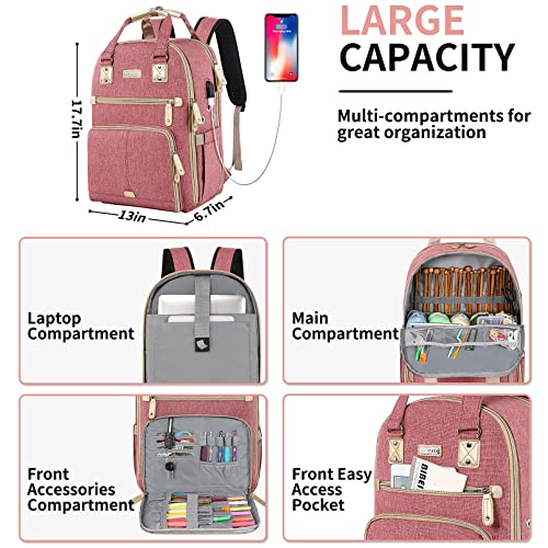 SINVICKO Crochet Bag, Knitting Bag Backpack and Totes Organizer with USB Charging Port, Large Yarn Storage Tote Bag - color: Pink