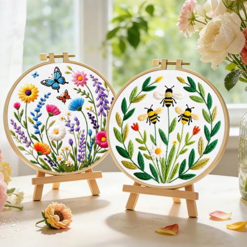 ERKOON 2 Set Embroidery Kit for Adult Beginners Flower Bee Cross Stitch Set - color: Flower Bee