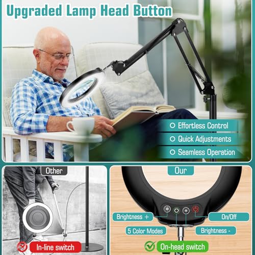 12X Magnifying Glass with Light and Stand, Real Glass Lens (Not Acrylic), 5 Color Modes, Stepless Dimmable, LED 3-in-1 Floor Lamp, Swing Arm with Clamp, Lighted Magnifier Hands Free for Craft, Reading - color: Black
